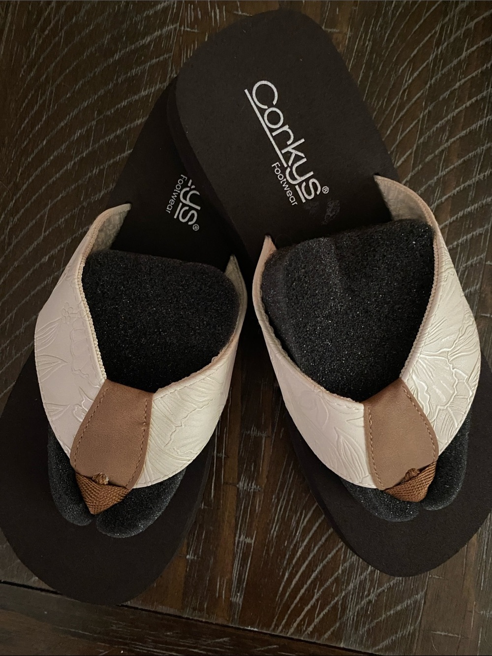 Corkys Cream & Black Embossed Thong Sandals with Brown Accents